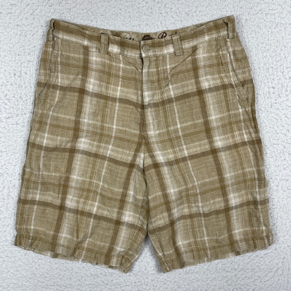 Tommy Bahama Plaid Linen Shorts Mens 34 Tan White Tropical Summer Beach